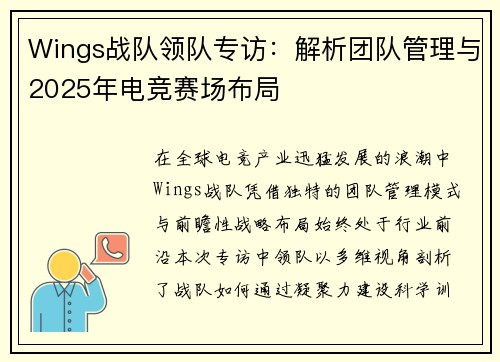 Wings战队领队专访：解析团队管理与2025年电竞赛场布局