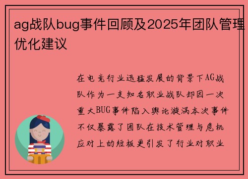 ag战队bug事件回顾及2025年团队管理优化建议